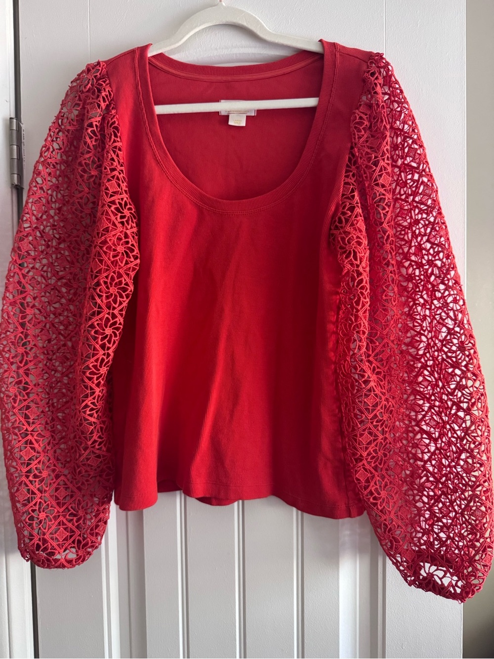 Anthropologie Maeve Red Lace Sleeve Scoop Neck Women's Top